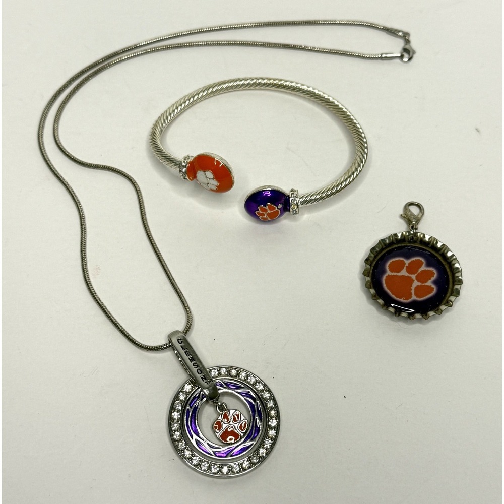 Clemson University Tiger Paw Silver Tone Rope Style Bracelet & Necklace Lot